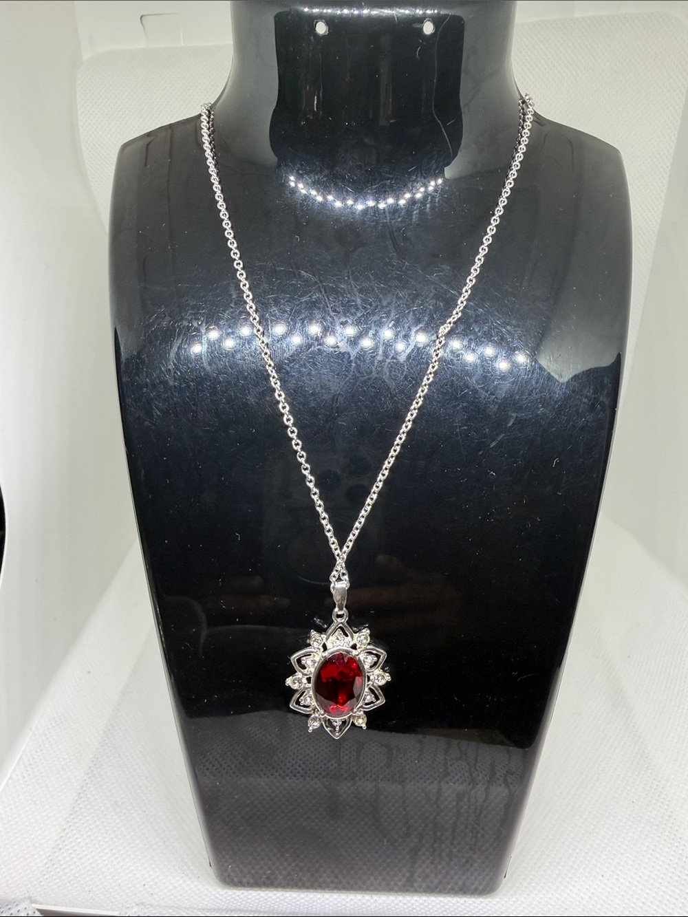Sterling Silver Red Gem Pendant Necklace